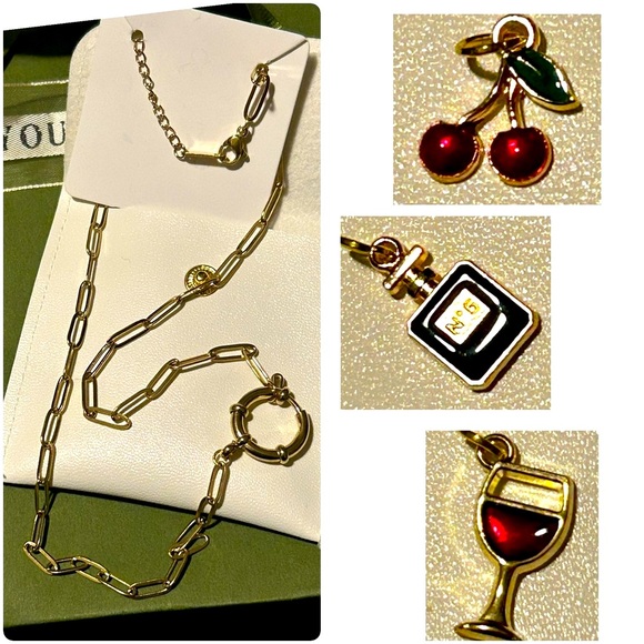 Gold Paperclip Necklace w/ Adorable Charms - Wine Glass Cherries Perfume Bottle - Picture 1 of 6